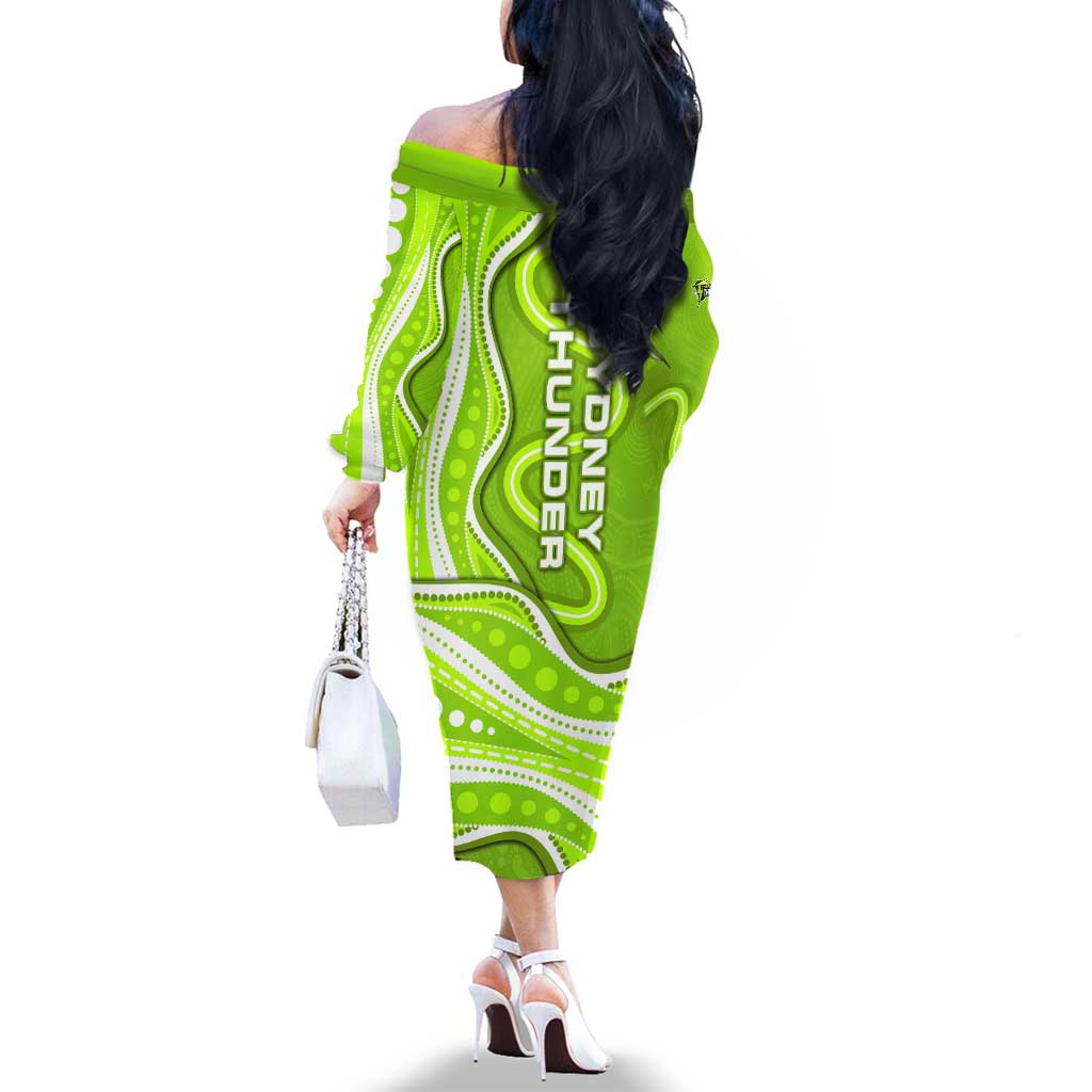 Sydney Thunder Family Matching Off The Shoulder Long Sleeve Dress and Hawaiian Shirt Aboriginal Dot Art Green White - Tribal Wave Pattern