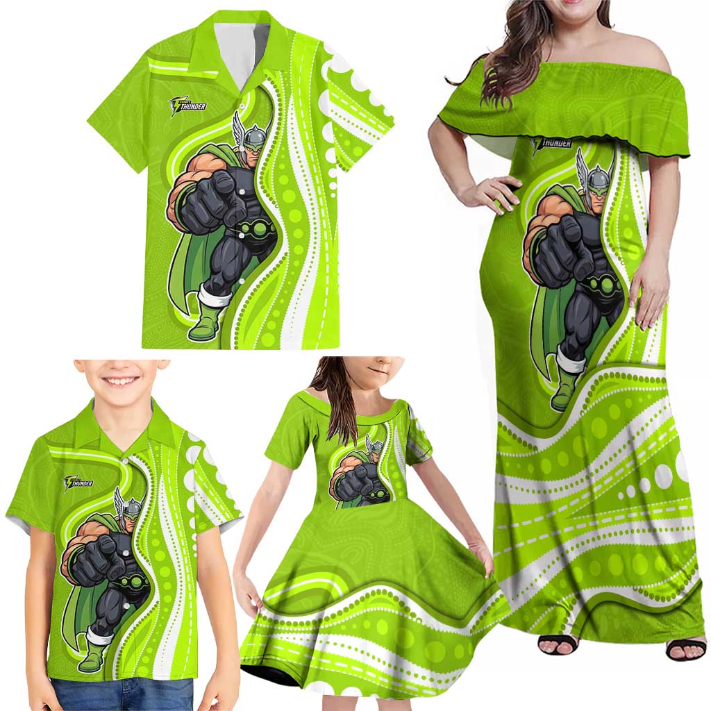 Sydney Thunder Family Matching Off Shoulder Maxi Dress and Hawaiian Shirt Aboriginal Dot Art Green White - Tribal Wave Pattern