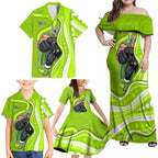 Sydney Thunder Family Matching Off Shoulder Maxi Dress and Hawaiian Shirt Aboriginal Dot Art Green White - Tribal Wave Pattern