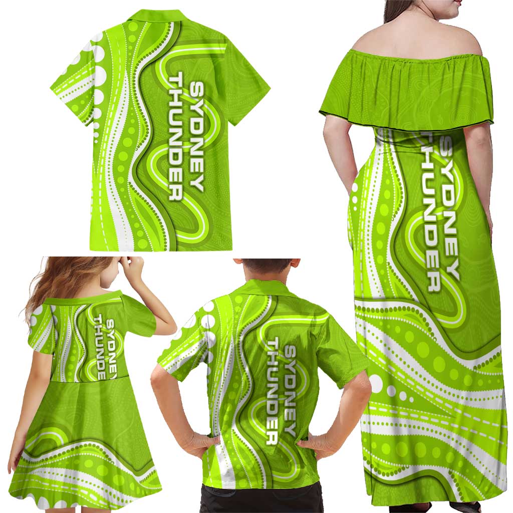 Sydney Thunder Family Matching Off Shoulder Maxi Dress and Hawaiian Shirt Aboriginal Dot Art Green White - Tribal Wave Pattern