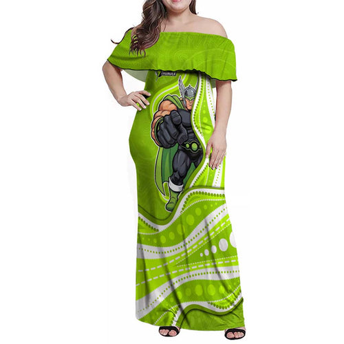 Sydney Thunder Family Matching Off Shoulder Maxi Dress and Hawaiian Shirt Aboriginal Dot Art Green White - Tribal Wave Pattern