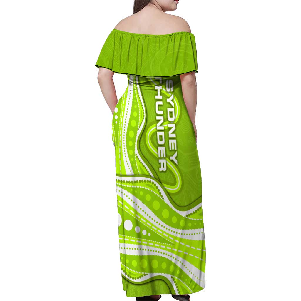 Sydney Thunder Family Matching Off Shoulder Maxi Dress and Hawaiian Shirt Aboriginal Dot Art Green White - Tribal Wave Pattern