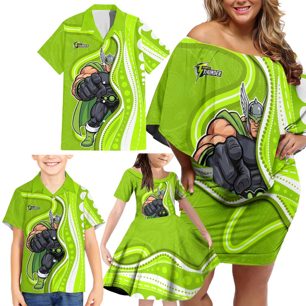 Sydney Thunder Family Matching Off Shoulder Short Dress and Hawaiian Shirt Aboriginal Dot Art Green White - Tribal Wave Pattern