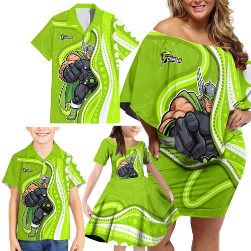 Sydney Thunder Family Matching Off Shoulder Short Dress and Hawaiian Shirt Aboriginal Dot Art Green White - Tribal Wave Pattern
