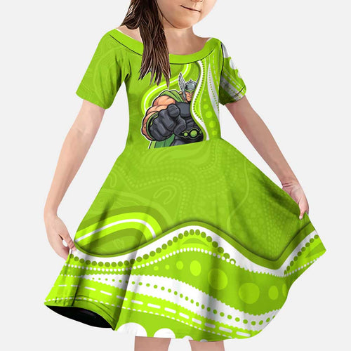 Sydney Thunder Family Matching Off Shoulder Short Dress and Hawaiian Shirt Aboriginal Dot Art Green White - Tribal Wave Pattern