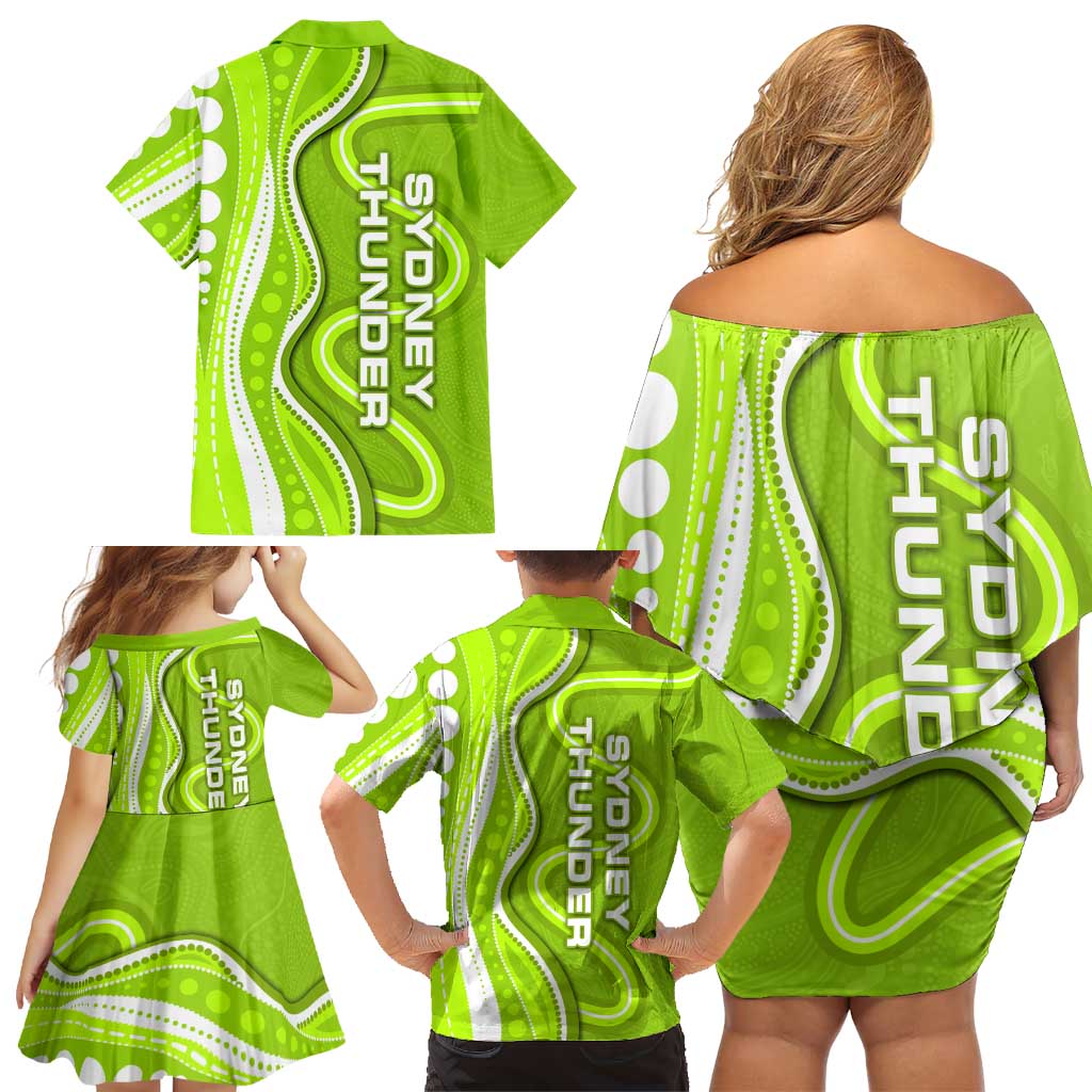 Sydney Thunder Family Matching Off Shoulder Short Dress and Hawaiian Shirt Aboriginal Dot Art Green White - Tribal Wave Pattern