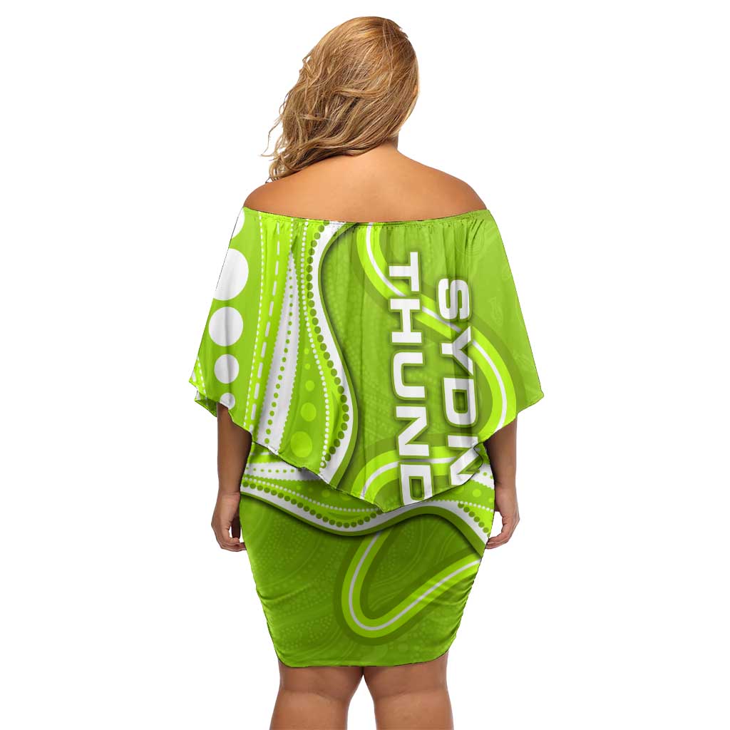 Sydney Thunder Family Matching Off Shoulder Short Dress and Hawaiian Shirt Aboriginal Dot Art Green White - Tribal Wave Pattern