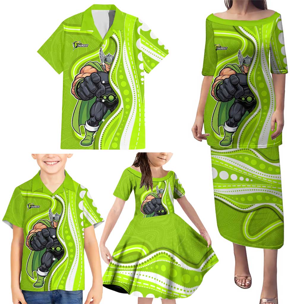 Sydney Thunder Family Matching Puletasi and Hawaiian Shirt Aboriginal Dot Art Green White - Tribal Wave Pattern