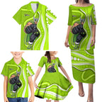 Sydney Thunder Family Matching Puletasi and Hawaiian Shirt Aboriginal Dot Art Green White - Tribal Wave Pattern