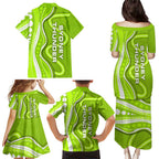 Sydney Thunder Family Matching Puletasi and Hawaiian Shirt Aboriginal Dot Art Green White - Tribal Wave Pattern