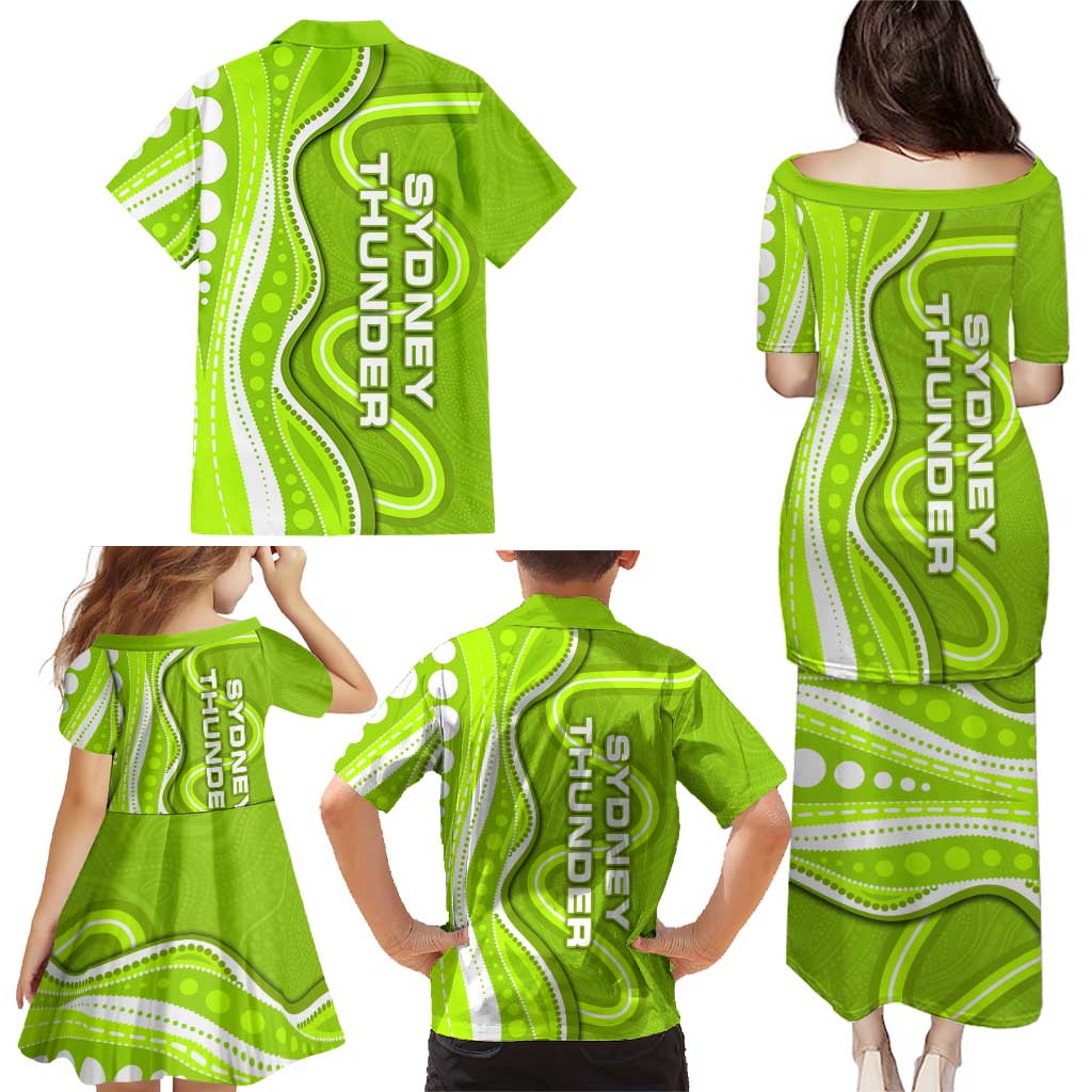 Sydney Thunder Family Matching Puletasi and Hawaiian Shirt Aboriginal Dot Art Green White - Tribal Wave Pattern
