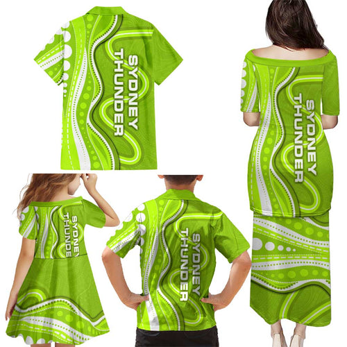Sydney Thunder Family Matching Puletasi and Hawaiian Shirt Aboriginal Dot Art Green White - Tribal Wave Pattern