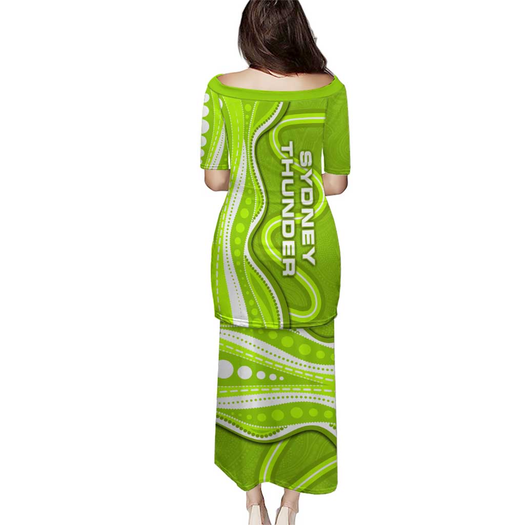 Sydney Thunder Family Matching Puletasi and Hawaiian Shirt Aboriginal Dot Art Green White - Tribal Wave Pattern