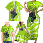 Sydney Thunder Family Matching Short Sleeve Bodycon Dress and Hawaiian Shirt Aboriginal Dot Art Green White - Tribal Wave Pattern