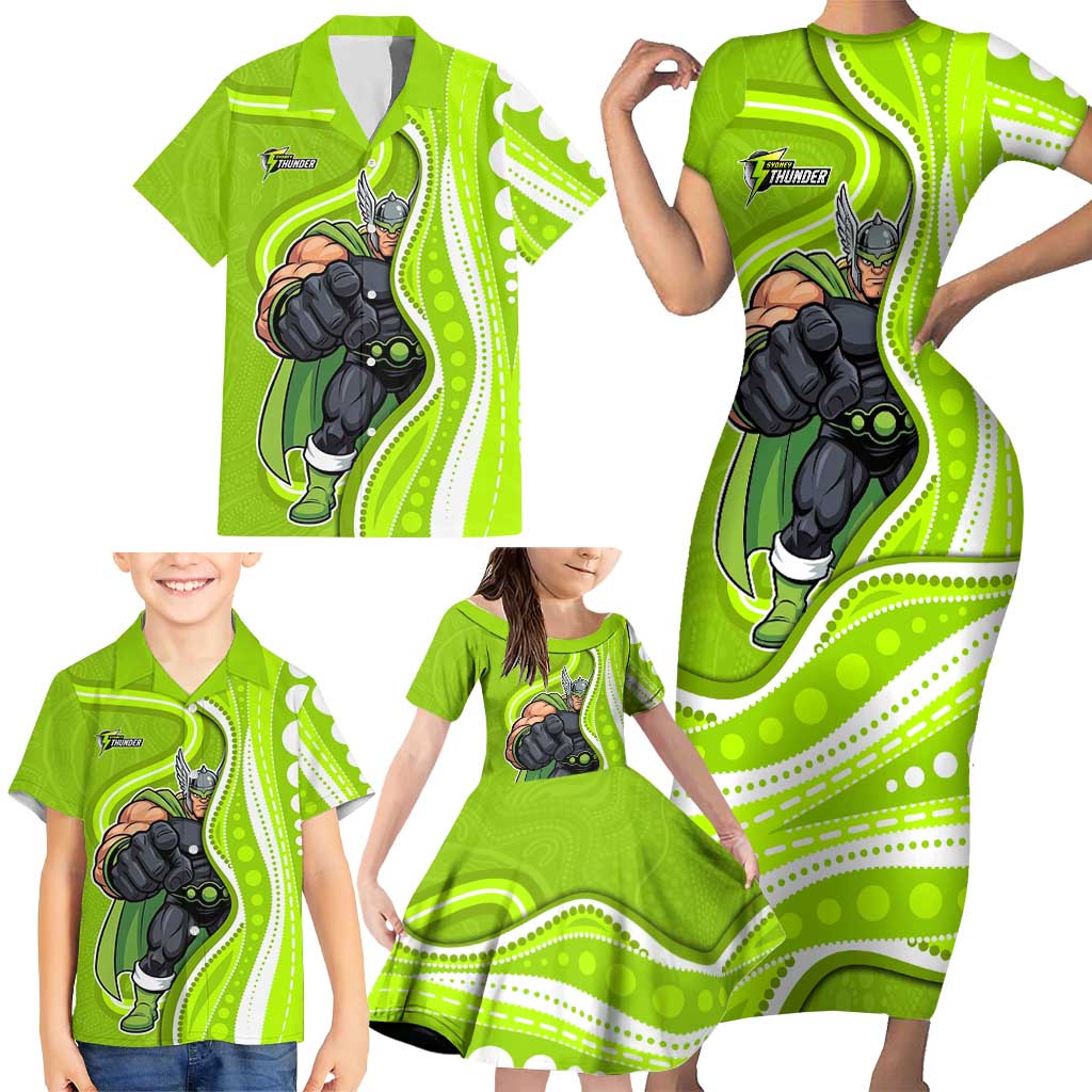 Sydney Thunder Family Matching Short Sleeve Bodycon Dress and Hawaiian Shirt Aboriginal Dot Art Green White - Tribal Wave Pattern