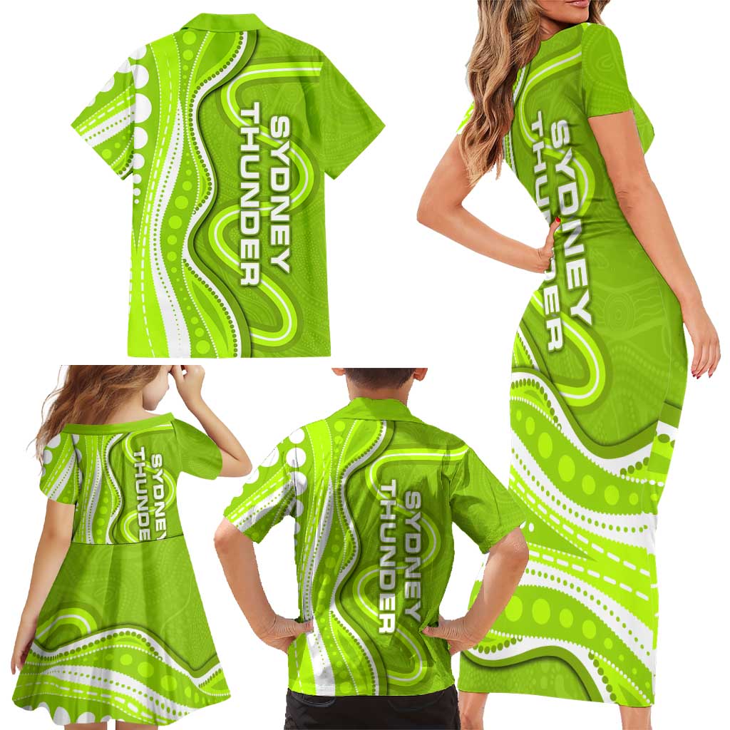 Sydney Thunder Family Matching Short Sleeve Bodycon Dress and Hawaiian Shirt Aboriginal Dot Art Green White - Tribal Wave Pattern