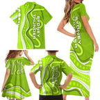 Sydney Thunder Family Matching Short Sleeve Bodycon Dress and Hawaiian Shirt Aboriginal Dot Art Green White - Tribal Wave Pattern