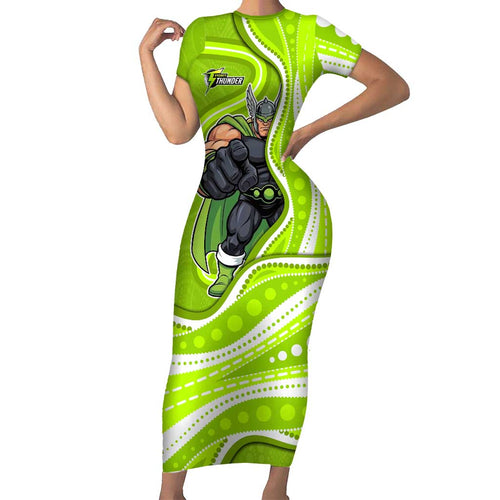 Sydney Thunder Family Matching Short Sleeve Bodycon Dress and Hawaiian Shirt Aboriginal Dot Art Green White - Tribal Wave Pattern
