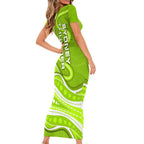 Sydney Thunder Family Matching Short Sleeve Bodycon Dress and Hawaiian Shirt Aboriginal Dot Art Green White - Tribal Wave Pattern