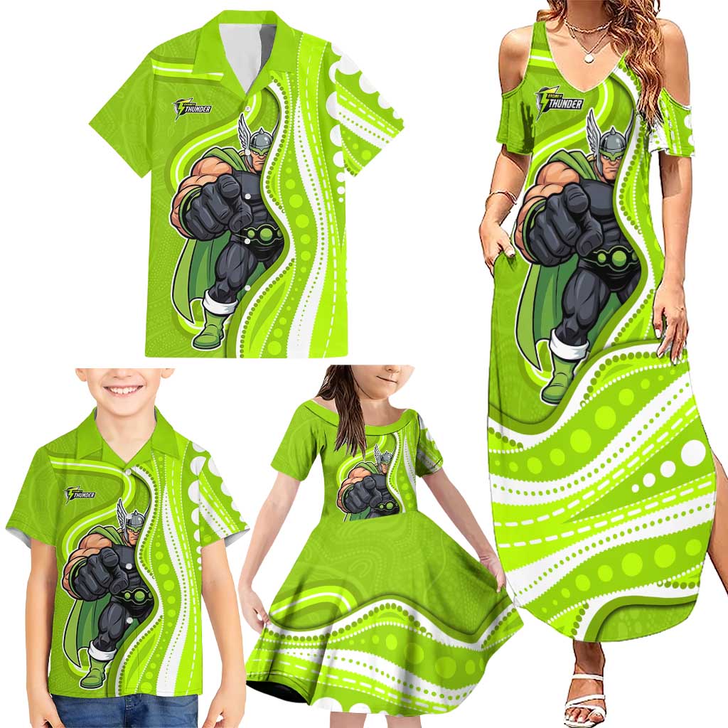 Sydney Thunder Family Matching Summer Maxi Dress and Hawaiian Shirt Aboriginal Dot Art Green White - Tribal Wave Pattern