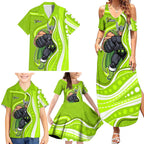 Sydney Thunder Family Matching Summer Maxi Dress and Hawaiian Shirt Aboriginal Dot Art Green White - Tribal Wave Pattern