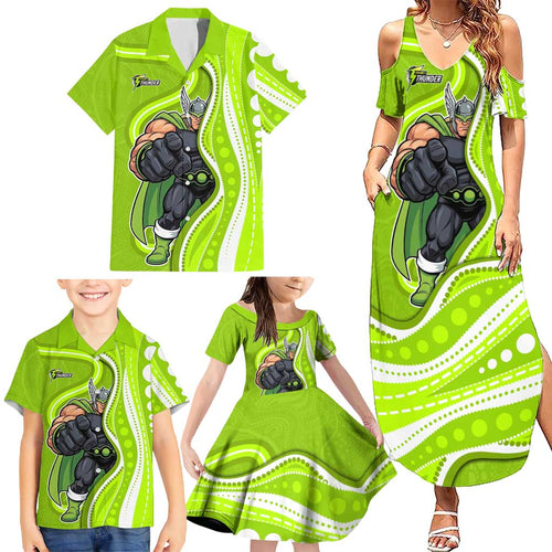 Sydney Thunder Family Matching Summer Maxi Dress and Hawaiian Shirt Aboriginal Dot Art Green White - Tribal Wave Pattern