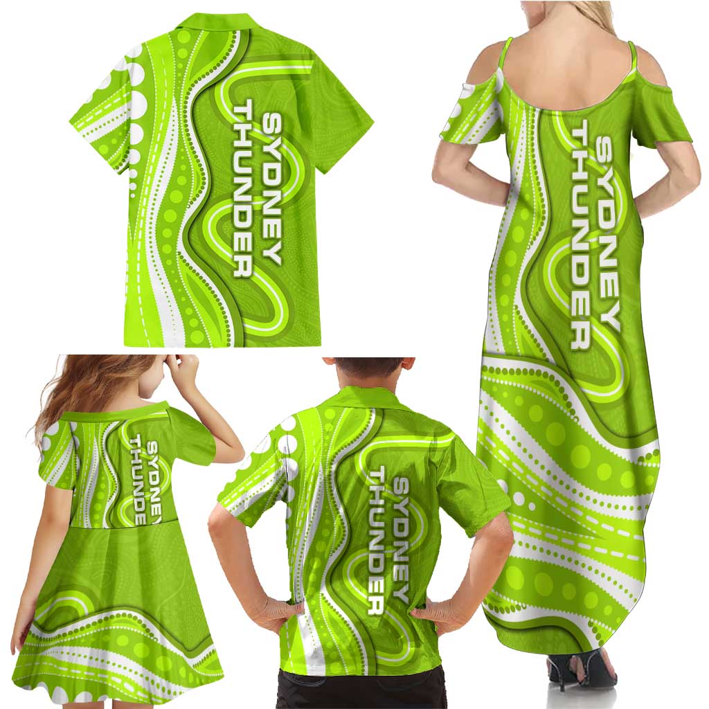 Sydney Thunder Family Matching Summer Maxi Dress and Hawaiian Shirt Aboriginal Dot Art Green White - Tribal Wave Pattern