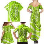 Sydney Thunder Family Matching Summer Maxi Dress and Hawaiian Shirt Aboriginal Dot Art Green White - Tribal Wave Pattern