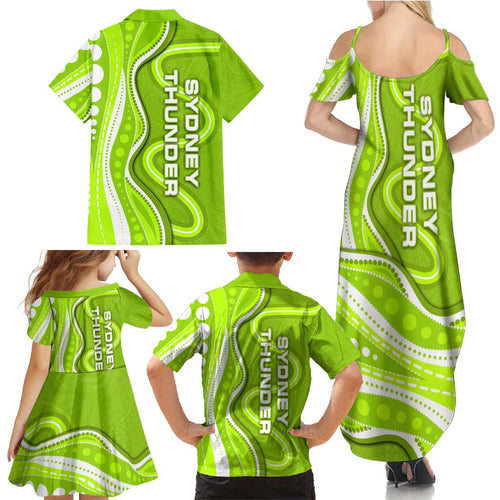 Sydney Thunder Family Matching Summer Maxi Dress and Hawaiian Shirt Aboriginal Dot Art Green White - Tribal Wave Pattern
