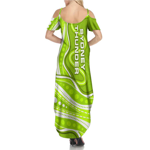 Sydney Thunder Family Matching Summer Maxi Dress and Hawaiian Shirt Aboriginal Dot Art Green White - Tribal Wave Pattern