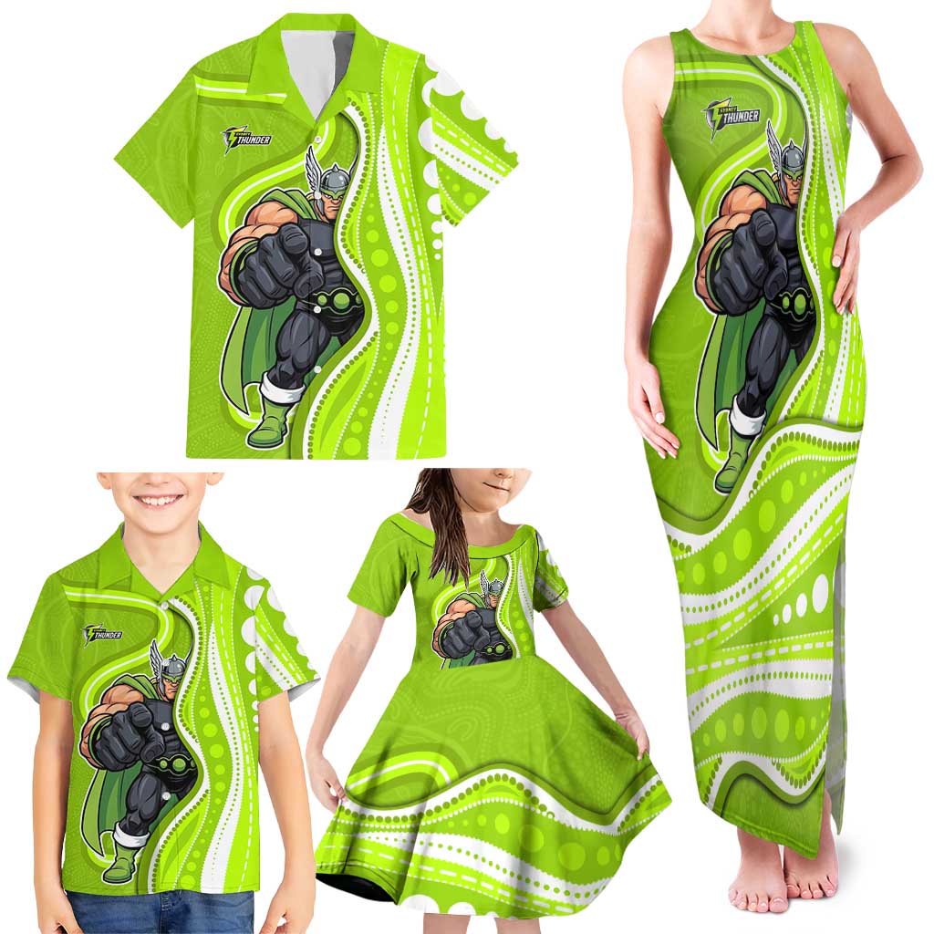Sydney Thunder Family Matching Tank Maxi Dress and Hawaiian Shirt Aboriginal Dot Art Green White - Tribal Wave Pattern