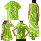 Sydney Thunder Family Matching Tank Maxi Dress and Hawaiian Shirt Aboriginal Dot Art Green White - Tribal Wave Pattern