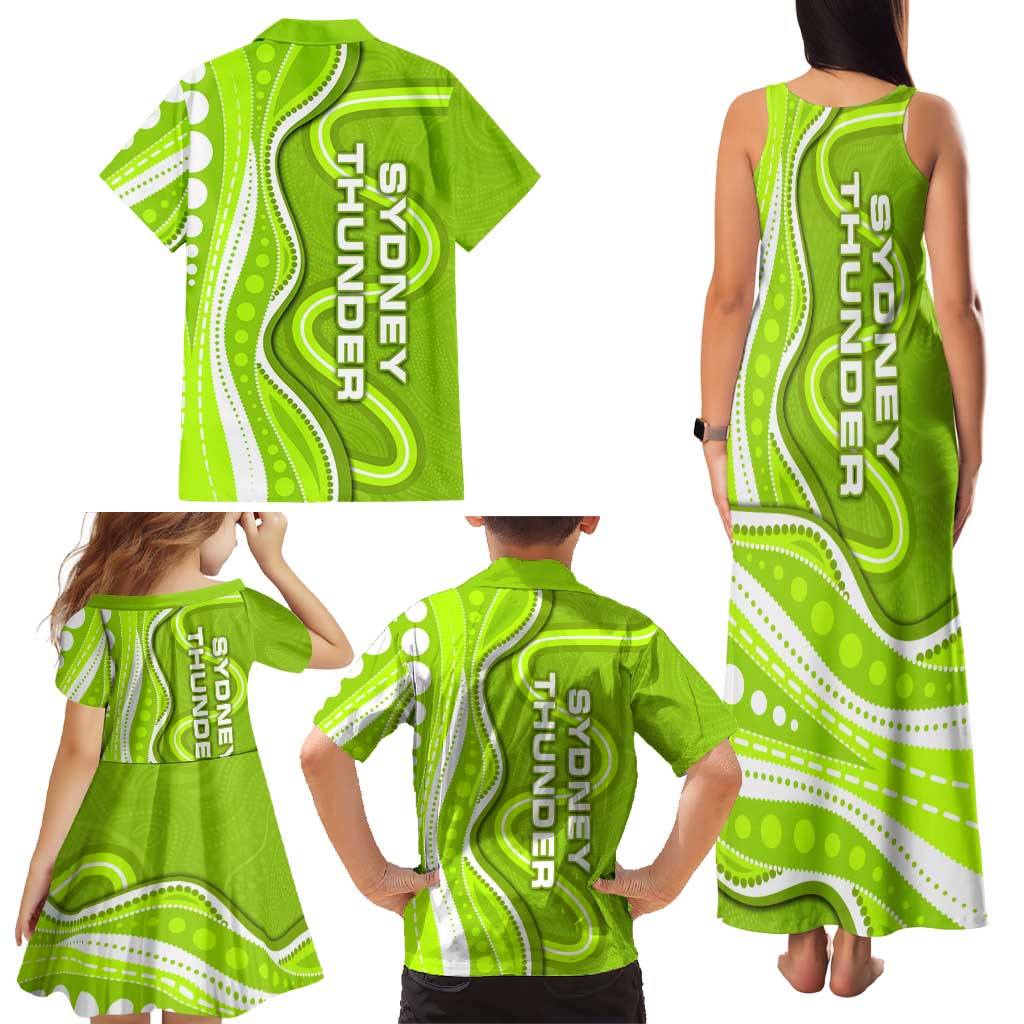 Sydney Thunder Family Matching Tank Maxi Dress and Hawaiian Shirt Aboriginal Dot Art Green White - Tribal Wave Pattern