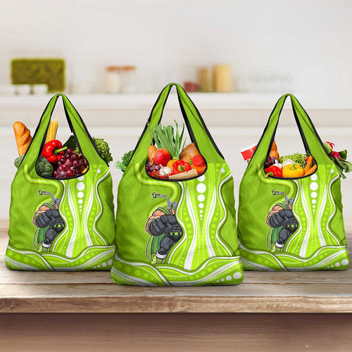 Sydney Thunder Grocery Bag Aboriginal Dot Art Green White - Tribal Wave Pattern