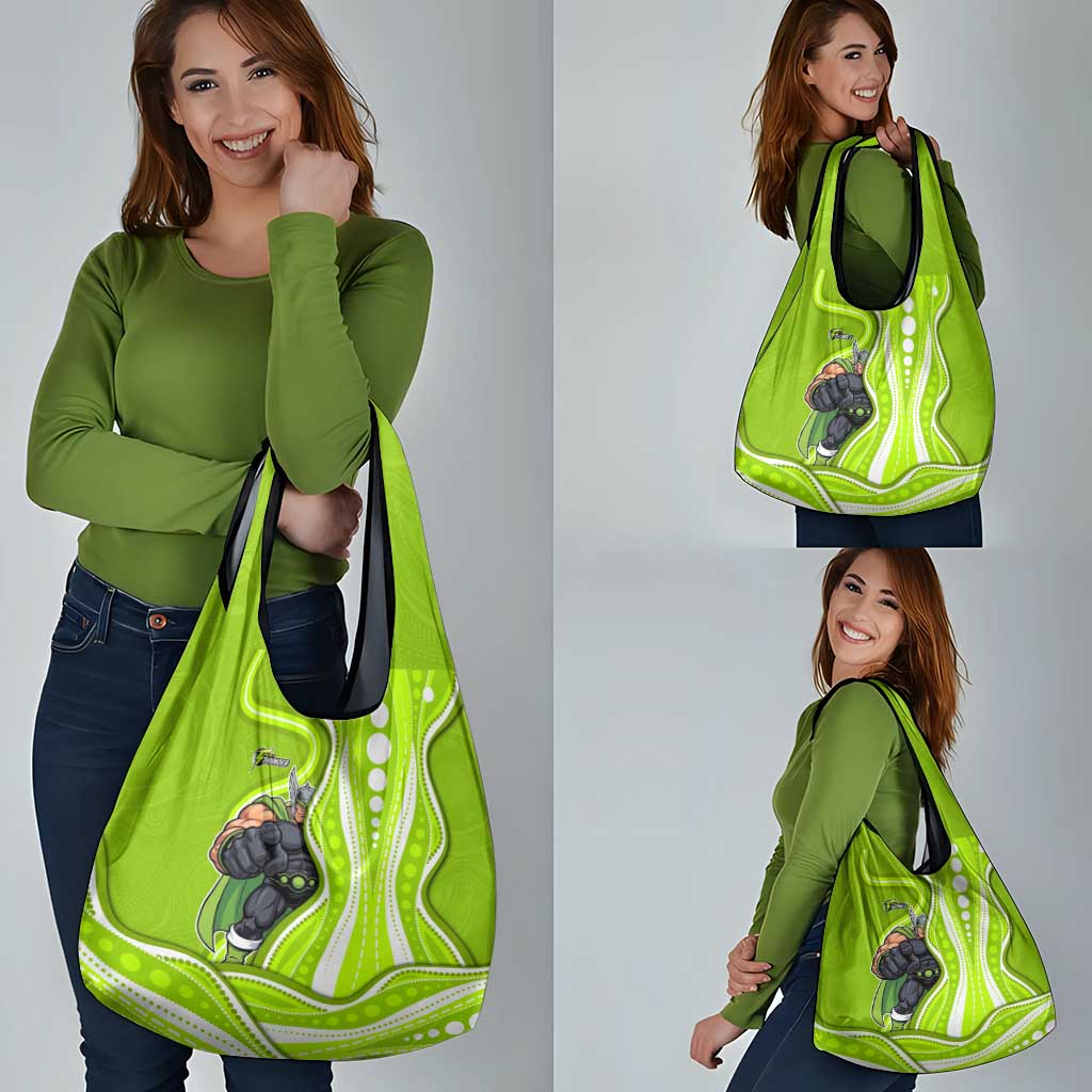 Sydney Thunder Grocery Bag Aboriginal Dot Art Green White - Tribal Wave Pattern