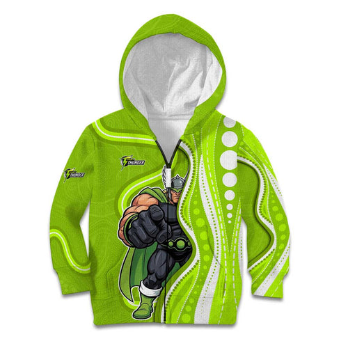 Sydney Thunder Kid Hoodie Aboriginal Dot Art Green White - Tribal Wave Pattern