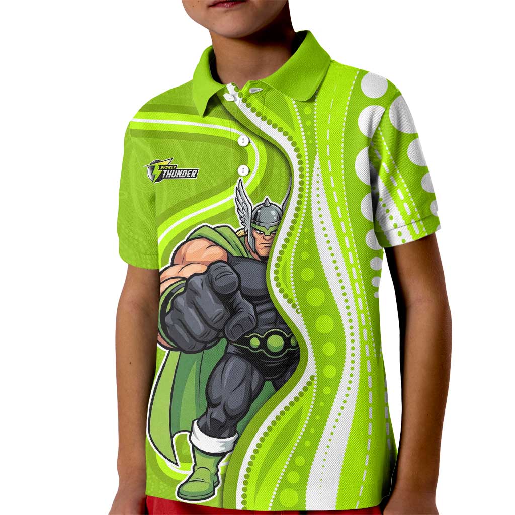 Sydney Thunder Kid Polo Shirt Aboriginal Dot Art Green White - Tribal Wave Pattern