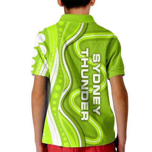 Sydney Thunder Kid Polo Shirt Aboriginal Dot Art Green White - Tribal Wave Pattern