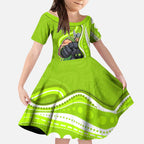 Sydney Thunder Kid Short Sleeve Dress Aboriginal Dot Art Green White - Tribal Wave Pattern