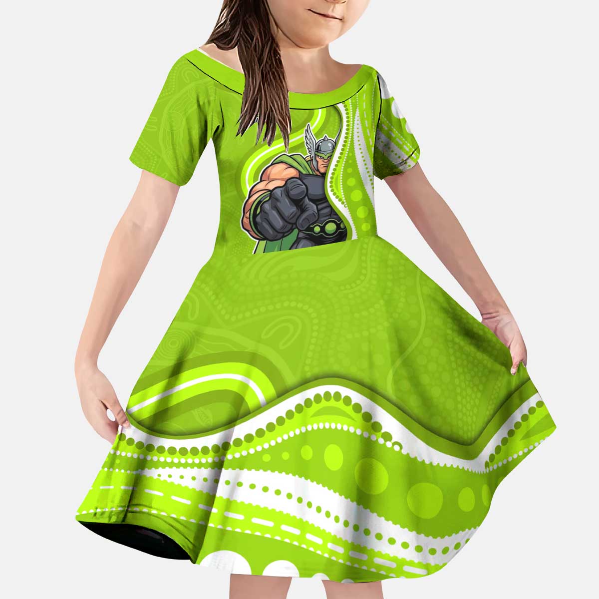 Sydney Thunder Kid Short Sleeve Dress Aboriginal Dot Art Green White - Tribal Wave Pattern