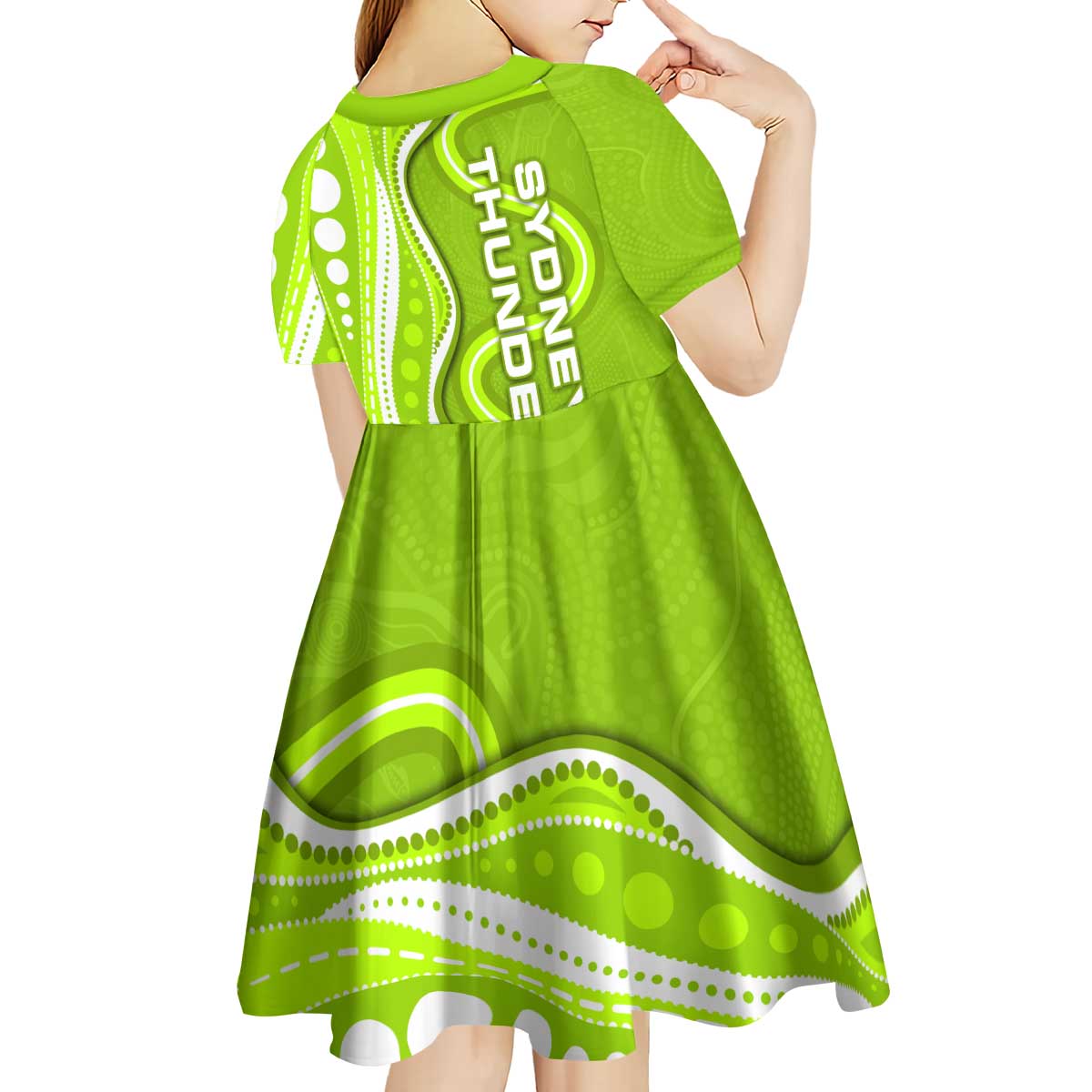 Sydney Thunder Kid Short Sleeve Dress Aboriginal Dot Art Green White - Tribal Wave Pattern