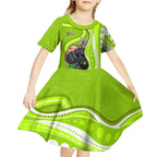 Sydney Thunder Kid Short Sleeve Dress Aboriginal Dot Art Green White - Tribal Wave Pattern