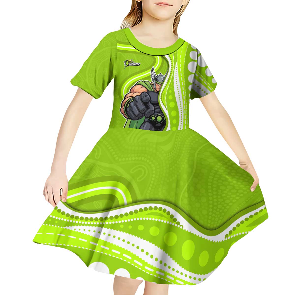 Sydney Thunder Kid Short Sleeve Dress Aboriginal Dot Art Green White - Tribal Wave Pattern