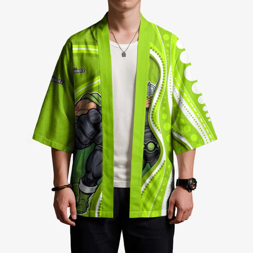 Sydney Thunder Kimono Aboriginal Dot Art Green White - Tribal Wave Pattern