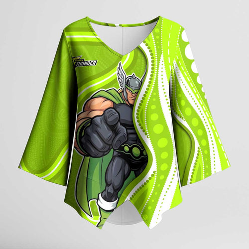 Sydney Thunder Kimono Sleeve Blouse Aboriginal Dot Art Green White - Tribal Wave Pattern