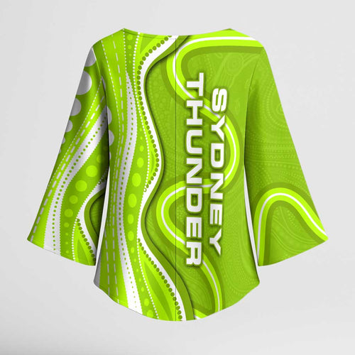 Sydney Thunder Kimono Sleeve Blouse Aboriginal Dot Art Green White - Tribal Wave Pattern