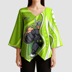 Sydney Thunder Kimono Sleeve Blouse Aboriginal Dot Art Green White - Tribal Wave Pattern