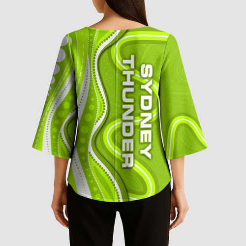 Sydney Thunder Kimono Sleeve Blouse Aboriginal Dot Art Green White - Tribal Wave Pattern