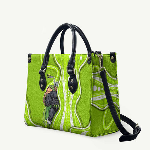 Sydney Thunder Leather Bag Aboriginal Dot Art Green White - Tribal Wave Pattern