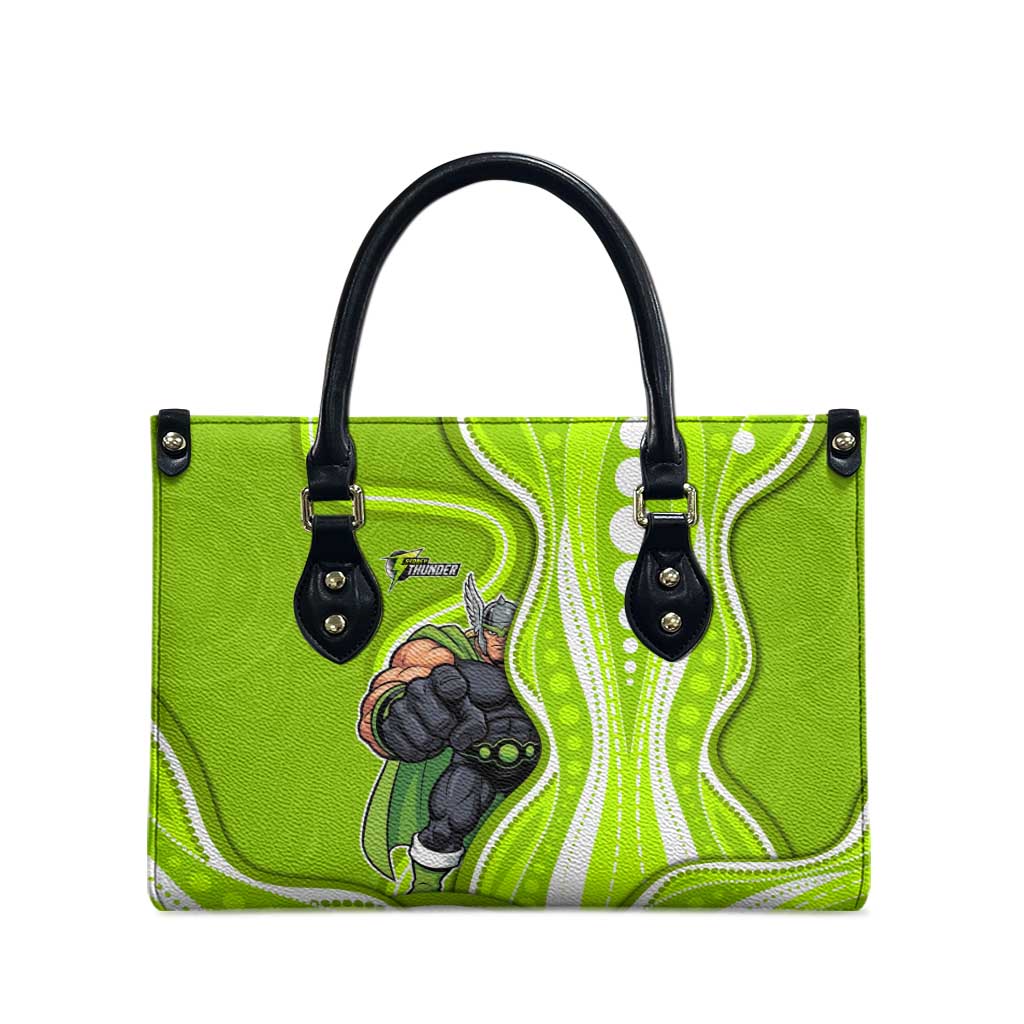 Sydney Thunder Leather Bag Aboriginal Dot Art Green White - Tribal Wave Pattern